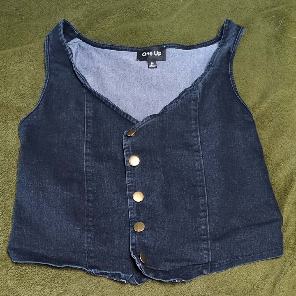One Up Denim Vest with Gold Buttons